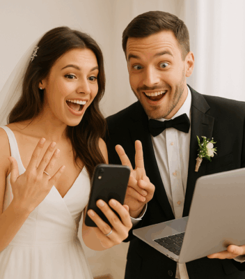 Novomanželé používající chytré technologie během svatby – telefon a notebook
